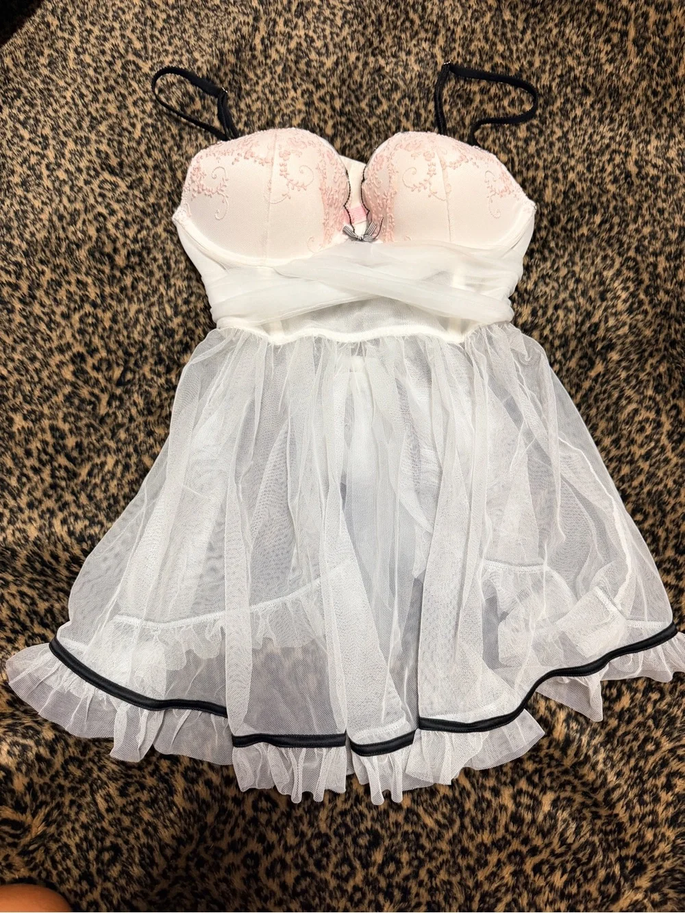 NWT Victoria Secret Sheer White & Pink Babydoll Lingerie with Black Trim